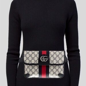 Gucci GG Supreme Ophidia Mini Belt Bag in Beige with Blue and Red Stripe